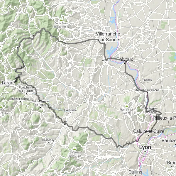 Miniatua del mapa de inspiración ciclista "Ruta de 124 km con ascenso de 2068 m" en Rhône-Alpes, France. Generado por Tarmacs.app planificador de rutas ciclistas