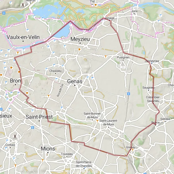 Zemljevid v pomanjšavi "Gravel route from Satolas-et-Bonce" kolesarske inspiracije v Rhône-Alpes, France. Generirano z načrtovalcem kolesarskih poti Tarmacs.app