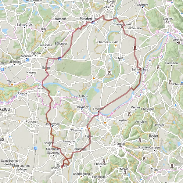 Map miniature of "Scenic Gravel Ride to Pérouges" cycling inspiration in Rhône-Alpes, France. Generated by Tarmacs.app cycling route planner