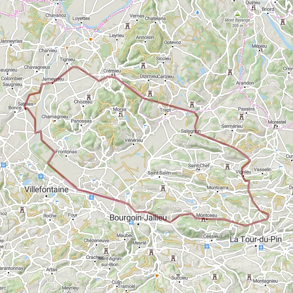 Miniatua del mapa de inspiración ciclista "Ruta de ciclismo de gravel cerca de Satolas-et-Bonce" en Rhône-Alpes, France. Generado por Tarmacs.app planificador de rutas ciclistas