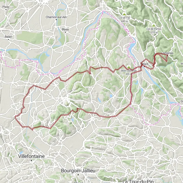 Miniature de la carte de l'inspiration cycliste "Parcours Gravel de Pont-de-Chéruy à Veyssilieu" dans la Rhône-Alpes, France. Générée par le planificateur d'itinéraire cycliste Tarmacs.app