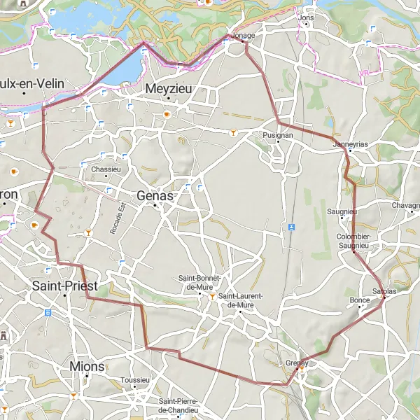 Map miniature of "Grenay Gravel Loop" cycling inspiration in Rhône-Alpes, France. Generated by Tarmacs.app cycling route planner