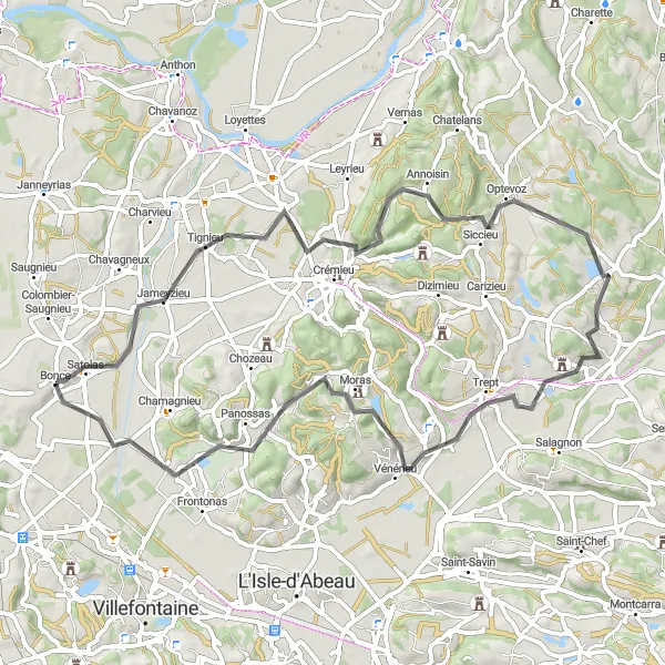 Mapa miniatúra "Cyklistická road trasa plná pamiatok" cyklistická inšpirácia v Rhône-Alpes, France. Vygenerované cyklistickým plánovačom trás Tarmacs.app
