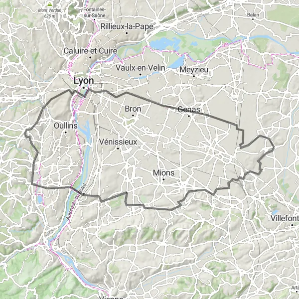 Miniatura della mappa di ispirazione al ciclismo "Road Round-trip from Satolas-et-Bonce" nella regione di Rhône-Alpes, France. Generata da Tarmacs.app, pianificatore di rotte ciclistiche