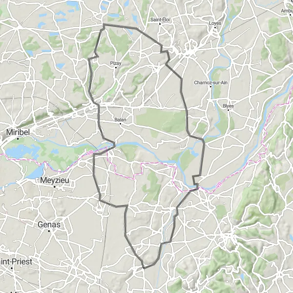 Map miniature of "Scenic Road Cycling Route from Satolas-et-Bonce" cycling inspiration in Rhône-Alpes, France. Generated by Tarmacs.app cycling route planner