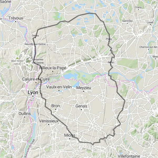 Map miniature of "Grenay to Colombier-Saugnieu Road Adventure" cycling inspiration in Rhône-Alpes, France. Generated by Tarmacs.app cycling route planner