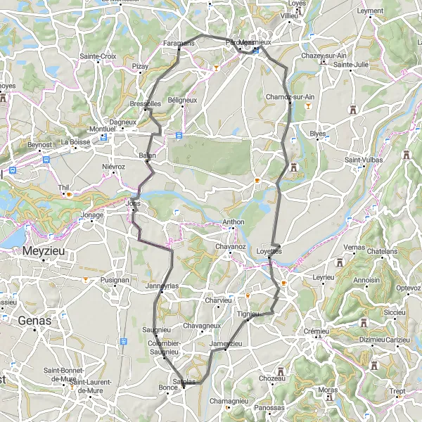 Kartminiatyr av "Landsvägsäventyr till Pérouges och Croix de l'Eperon" cykelinspiration i Rhône-Alpes, France. Genererad av Tarmacs.app cykelruttplanerare