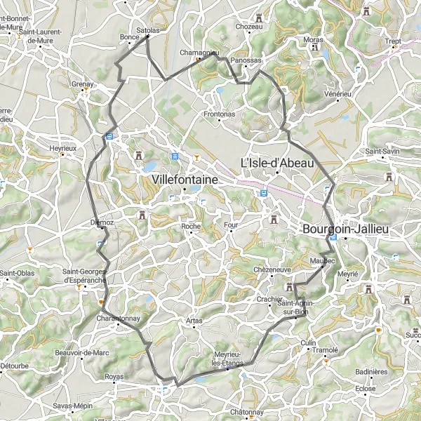 Zemljevid v pomanjšavi "Cesta do Satolasa" kolesarske inspiracije v Rhône-Alpes, France. Generirano z načrtovalcem kolesarskih poti Tarmacs.app
