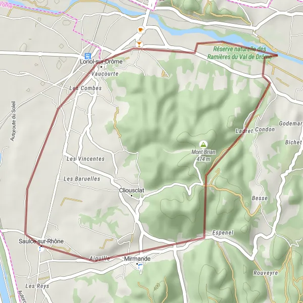 Miniature de la carte de l'inspiration cycliste "Les chemins de la Drôme" dans la Rhône-Alpes, France. Générée par le planificateur d'itinéraire cycliste Tarmacs.app