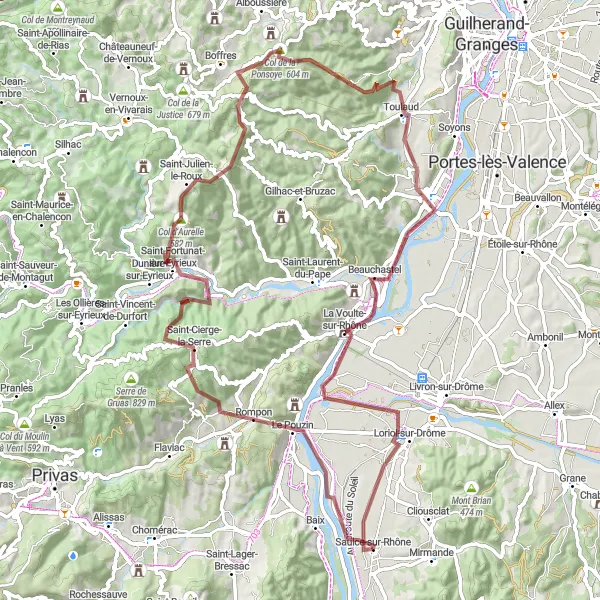 Miniature de la carte de l'inspiration cycliste "Les Collines de l'Ardèche" dans la Rhône-Alpes, France. Générée par le planificateur d'itinéraire cycliste Tarmacs.app