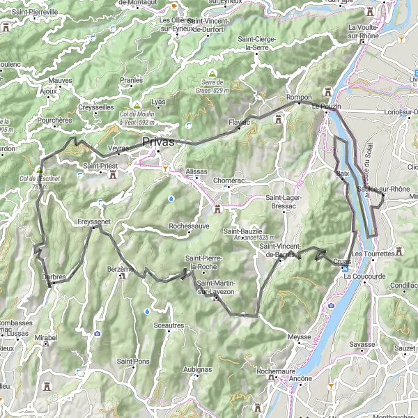 Miniature de la carte de l'inspiration cycliste "La Boucle des Montagnes Ardéchoises" dans la Rhône-Alpes, France. Générée par le planificateur d'itinéraire cycliste Tarmacs.app