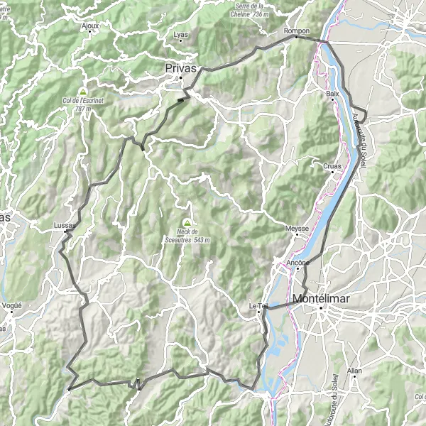 Miniatuurkaart van de fietsinspiratie "Saulce-sur-Rhône naar Saint-Julien-en-Saint-Alban" in Rhône-Alpes, France. Gemaakt door de Tarmacs.app fietsrouteplanner