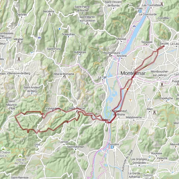 Miniatua del mapa de inspiración ciclista "Ruta de ciclismo de gravilla a través de Châteauneuf-du-Rhône y Montélimar" en Rhône-Alpes, France. Generado por Tarmacs.app planificador de rutas ciclistas