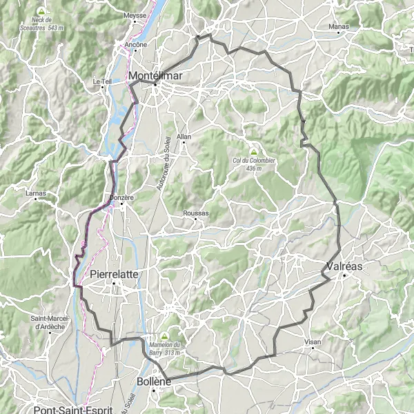 Map miniature of "The Montélimar Adventure" cycling inspiration in Rhône-Alpes, France. Generated by Tarmacs.app cycling route planner