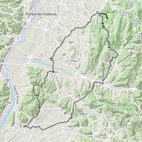 Kartminiatyr av "Runt Sauzet - Marsanne - Allex - Montmeyran - Tour de Barcelone - Combovin - Col Jérôme Cavalli - Beaufort-sur-Gervanne - La Répara-Auriples - Bonlieu-sur-Roubion" cykelinspiration i Rhône-Alpes, France. Genererad av Tarmacs.app cykelruttplanerare