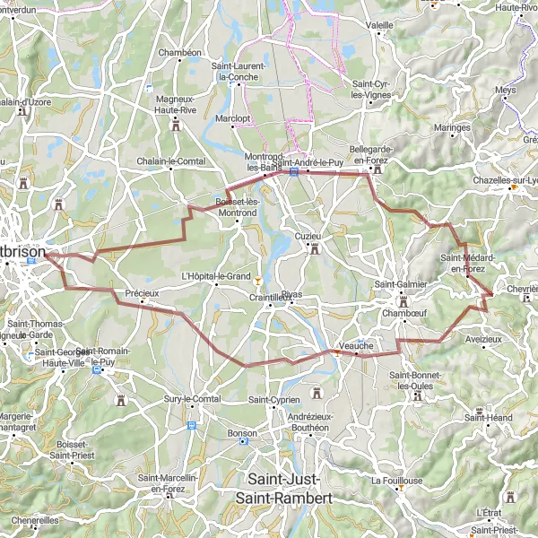 Kartminiatyr av "Boisset-lès-Montrond till Précieux grustur" cykelinspiration i Rhône-Alpes, France. Genererad av Tarmacs.app cykelruttplanerare