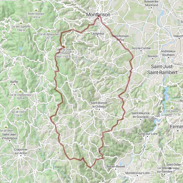 Map miniature of "Ultimate Gravel Adventure near Savigneux" cycling inspiration in Rhône-Alpes, France. Generated by Tarmacs.app cycling route planner