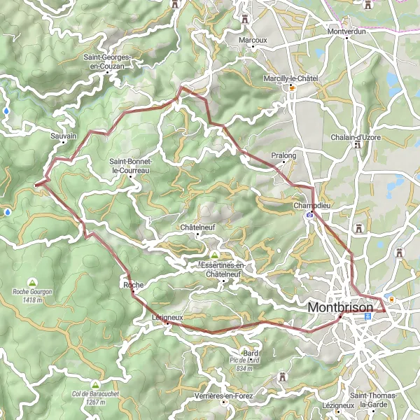 Mapa miniatúra "Gravel trasa cez Montbrison a Sauvain" cyklistická inšpirácia v Rhône-Alpes, France. Vygenerované cyklistickým plánovačom trás Tarmacs.app