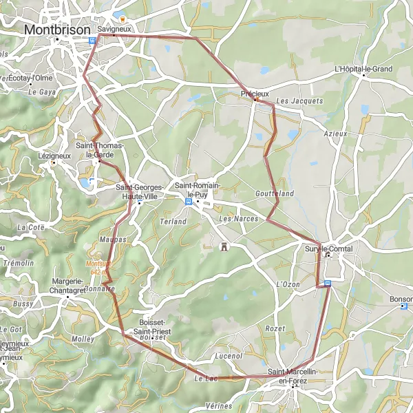 Map miniature of "Gravel Adventure in Savigneux" cycling inspiration in Rhône-Alpes, France. Generated by Tarmacs.app cycling route planner