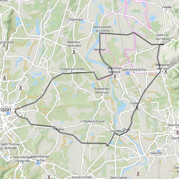 Karttaminiaatyyri "Chalain-le-Comtal - Précieux" pyöräilyinspiraatiosta alueella Rhône-Alpes, France. Luotu Tarmacs.app pyöräilyreittisuunnittelijalla