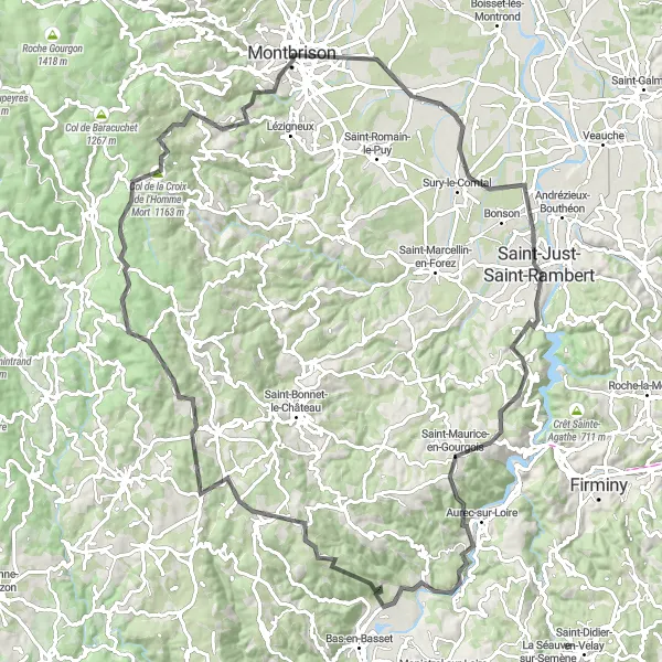 Miniaturní mapa "Montbrison - Écotay-l'Olme" inspirace pro cyklisty v oblasti Rhône-Alpes, France. Vytvořeno pomocí plánovače tras Tarmacs.app