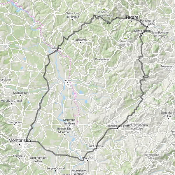 Miniatura mapy "Długa trasa szosowa przez Mornand-en-Forez, Balbigny i Saint-Cyr-de-Valorges" - trasy rowerowej w Rhône-Alpes, France. Wygenerowane przez planer tras rowerowych Tarmacs.app