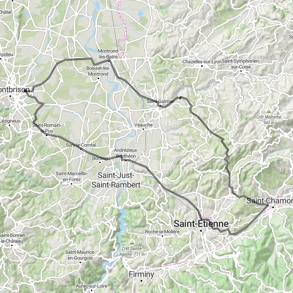 Miniatuurkaart van de fietsinspiratie "Uitdagende wegfietsroute door Rhône-Alpes" in Rhône-Alpes, France. Gemaakt door de Tarmacs.app fietsrouteplanner