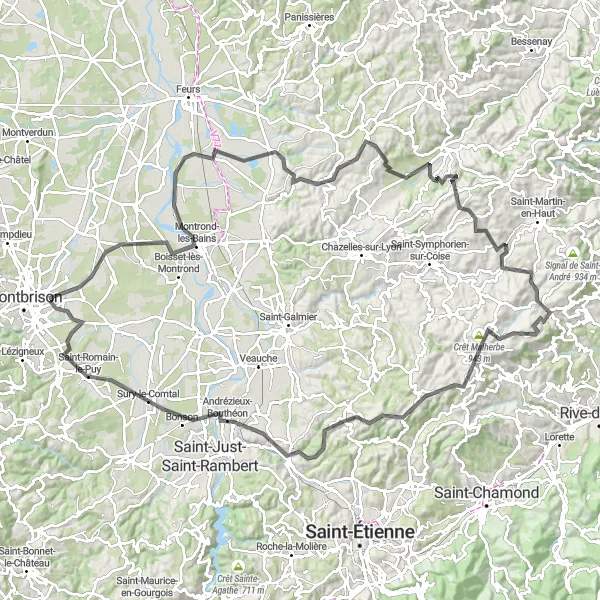 Miniature de la carte de l'inspiration cycliste "Les Monts du Lyonnais en Route" dans la Rhône-Alpes, France. Générée par le planificateur d'itinéraire cycliste Tarmacs.app