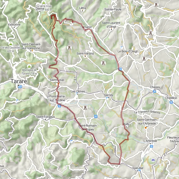 Miniature de la carte de l'inspiration cycliste "Parcours gravel de Savigny à Bully" dans la Rhône-Alpes, France. Générée par le planificateur d'itinéraire cycliste Tarmacs.app
