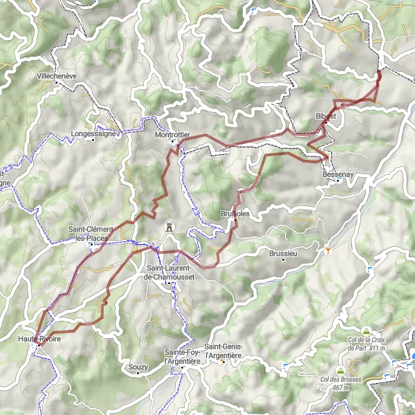 Miniature de la carte de l'inspiration cycliste "La Boucle des Villages" dans la Rhône-Alpes, France. Générée par le planificateur d'itinéraire cycliste Tarmacs.app