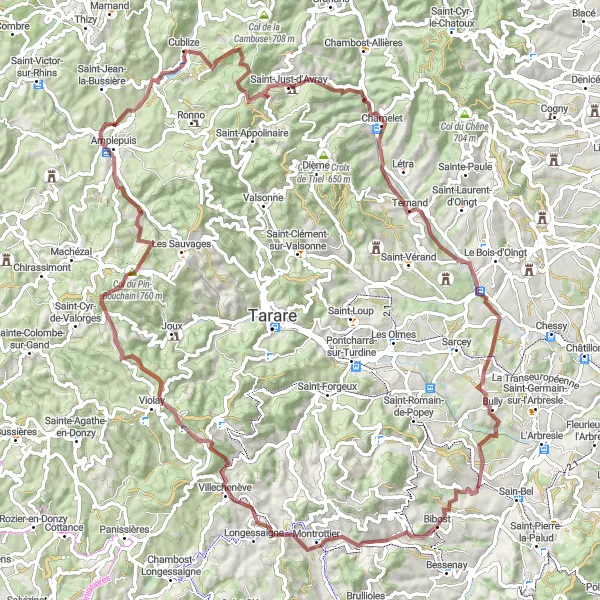 Miniatua del mapa de inspiración ciclista "Ruta de ciclismo de gravilla por Mont Boussuivre" en Rhône-Alpes, France. Generado por Tarmacs.app planificador de rutas ciclistas
