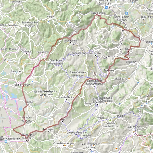Miniature de la carte de l'inspiration cycliste "Boucle gravel de Savigny à Saint-Forgeux" dans la Rhône-Alpes, France. Générée par le planificateur d'itinéraire cycliste Tarmacs.app