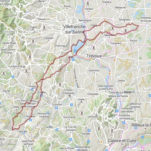 Miniature de la carte de l'inspiration cycliste "Boucle gravel de Savigny à L'Arbresle" dans la Rhône-Alpes, France. Générée par le planificateur d'itinéraire cycliste Tarmacs.app