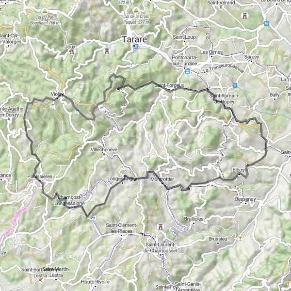 Miniature de la carte de l'inspiration cycliste "Boucle de Savigny à Saint-Romain-de-Popey" dans la Rhône-Alpes, France. Générée par le planificateur d'itinéraire cycliste Tarmacs.app