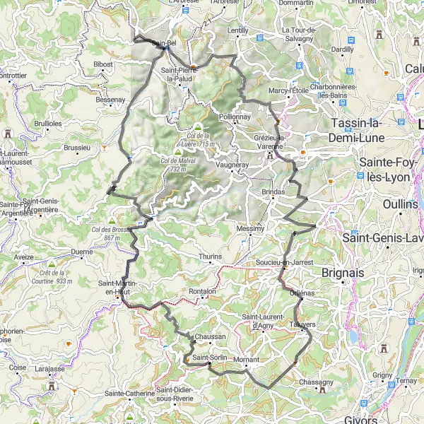 Miniatuurkaart van de fietsinspiratie "Roadtrip langs pittoreske dorpjes van Savigny naar Château de Sain-Bel" in Rhône-Alpes, France. Gemaakt door de Tarmacs.app fietsrouteplanner