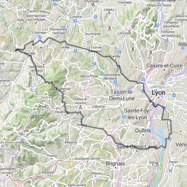 Miniature de la carte de l'inspiration cycliste "Parcours route de Savigny à Saint-Pierre-la-Palud" dans la Rhône-Alpes, France. Générée par le planificateur d'itinéraire cycliste Tarmacs.app