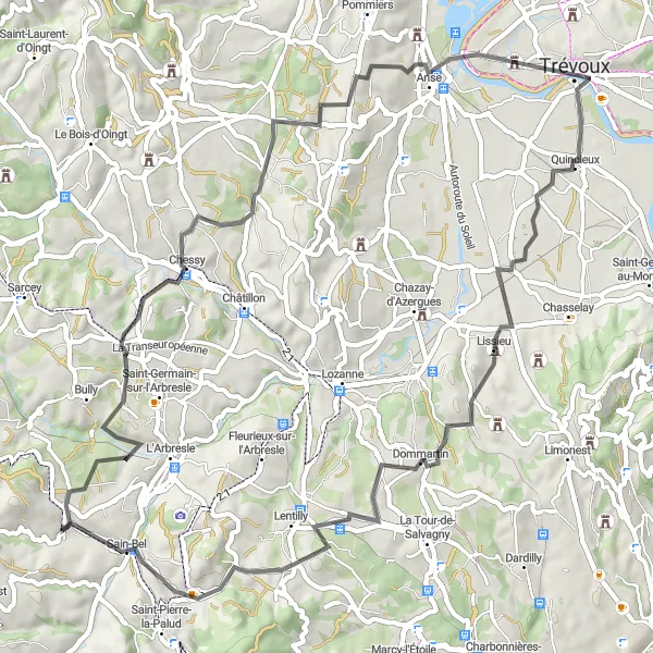 Miniature de la carte de l'inspiration cycliste "La Route des Châteaux et Panoramas" dans la Rhône-Alpes, France. Générée par le planificateur d'itinéraire cycliste Tarmacs.app