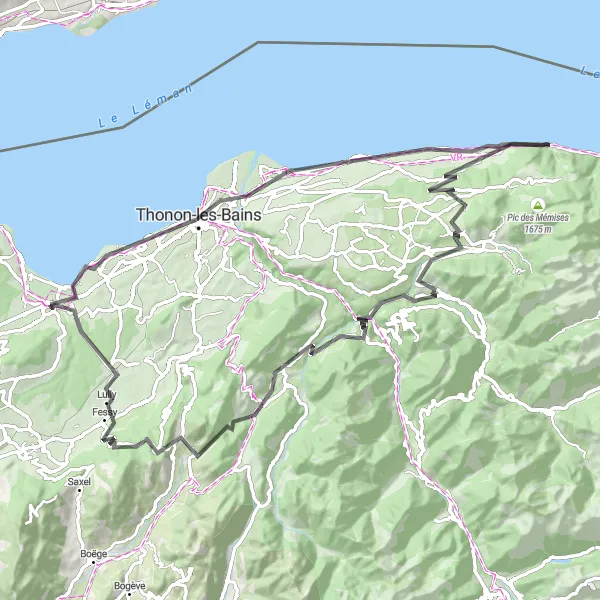 Map miniature of "Lake Geneva Escape: Thonon-les-Bains and Col du Grand Taillet" cycling inspiration in Rhône-Alpes, France. Generated by Tarmacs.app cycling route planner