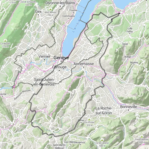 Map miniature of "Sciez to Geneva via Groisy" cycling inspiration in Rhône-Alpes, France. Generated by Tarmacs.app cycling route planner