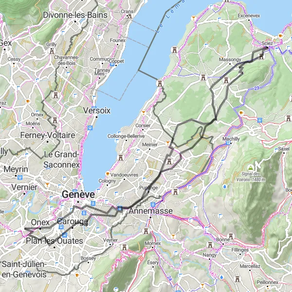 Map miniature of "Sciez to Grands Crêts" cycling inspiration in Rhône-Alpes, France. Generated by Tarmacs.app cycling route planner