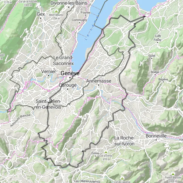 Map miniature of "Sciez – Ballaison – Nangy – Panorama – La Chapelle-Rambaud – Groisy – Mont Pelé – Copponex – Col du Mont Sion – Saint-Julien-en-Genevois – Belvédère de l'Observatoire – Chens-sur-Léman – Grands Crêts" cycling inspiration in Rhône-Alpes, France. Generated by Tarmacs.app cycling route planner