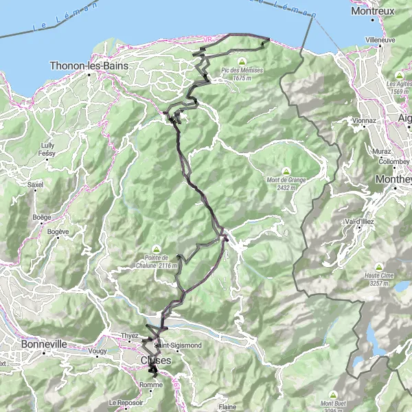 Map miniature of "On the Trail of Cluses" cycling inspiration in Rhône-Alpes, France. Generated by Tarmacs.app cycling route planner