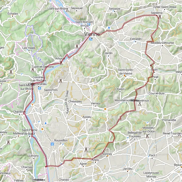 Map miniature of "Septème to Pont-Évêque Gravel Ride" cycling inspiration in Rhône-Alpes, France. Generated by Tarmacs.app cycling route planner