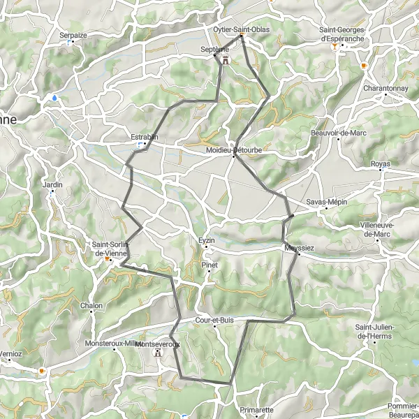Kartminiatyr av "Spennende tur til Oytier-Saint-Oblas" sykkelinspirasjon i Rhône-Alpes, France. Generert av Tarmacs.app sykkelrutoplanlegger