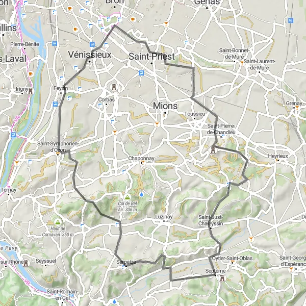 Kartminiatyr av "Oppdag Serpaize på denne 62 km lange turen" sykkelinspirasjon i Rhône-Alpes, France. Generert av Tarmacs.app sykkelrutoplanlegger