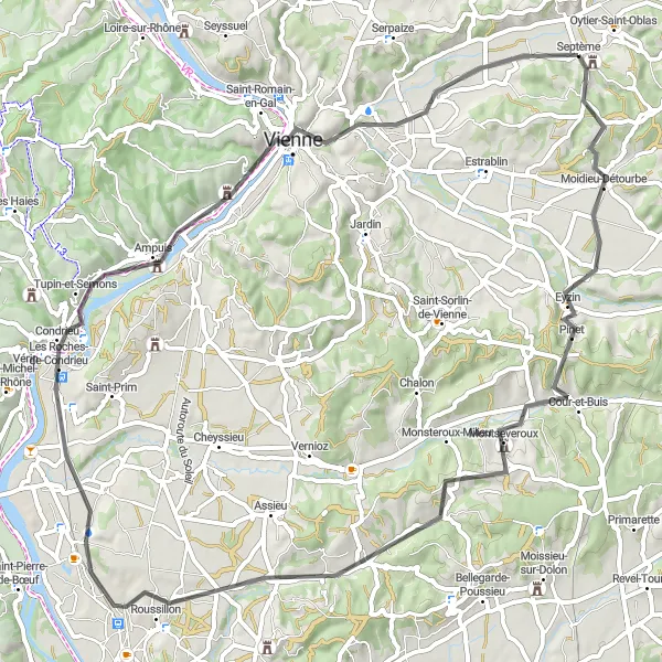 Miniatura della mappa di ispirazione al ciclismo "Passeggiata in bicicletta da Septème a Vienne attraverso Les Roches-de-Condrieu" nella regione di Rhône-Alpes, France. Generata da Tarmacs.app, pianificatore di rotte ciclistiche
