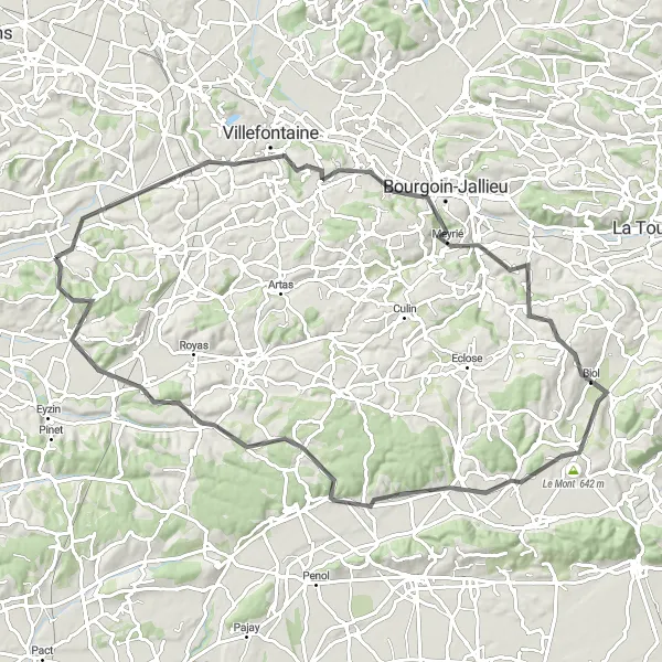 Map miniature of "La boucle de Bizonnes" cycling inspiration in Rhône-Alpes, France. Generated by Tarmacs.app cycling route planner