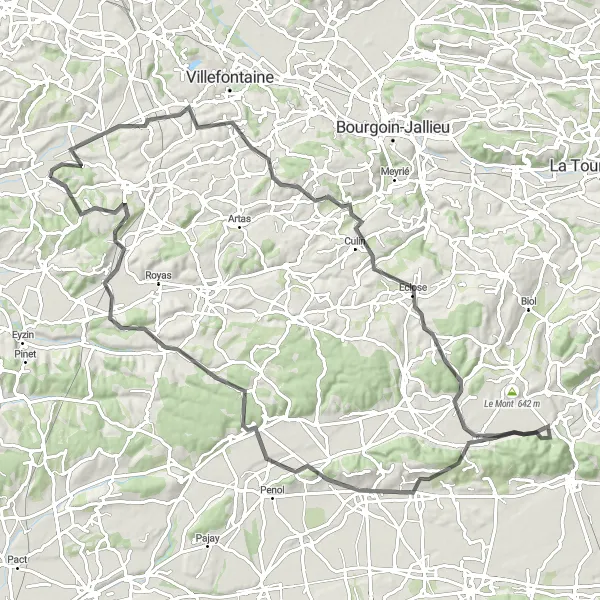 Kartminiatyr av "Utforsk landsbylivet langs denne 99 km lange ruten" sykkelinspirasjon i Rhône-Alpes, France. Generert av Tarmacs.app sykkelrutoplanlegger