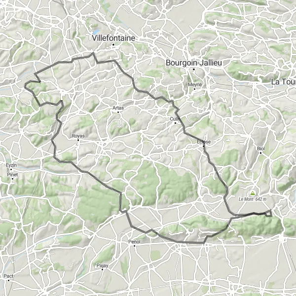 Mapa miniatúra "Cyklotrasa cez Diémoz a Beauvoir-de-Marc" cyklistická inšpirácia v Rhône-Alpes, France. Vygenerované cyklistickým plánovačom trás Tarmacs.app