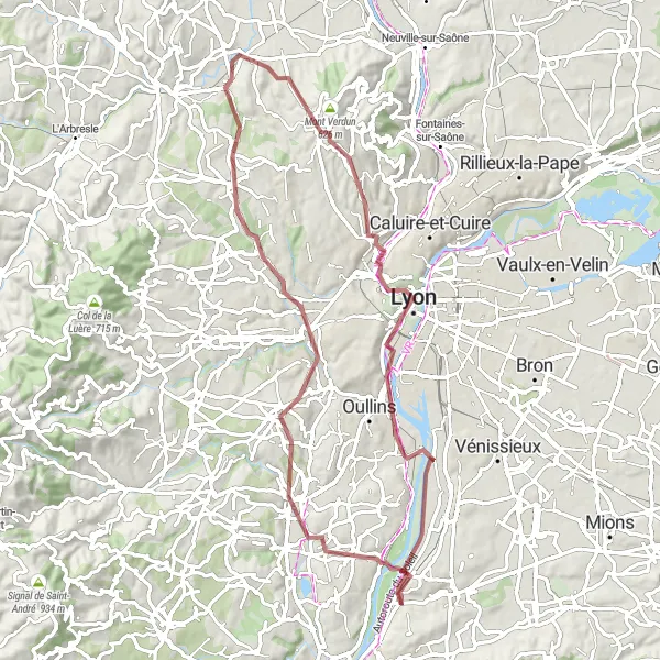 Map miniature of "Gravel Exploration: Brignais to Lyon Adventure" cycling inspiration in Rhône-Alpes, France. Generated by Tarmacs.app cycling route planner